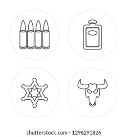 4 line Gun, Bullets, Arrow, Whiskey modern icons on round shapes, Gun, Bullets, Arrow, Whiskey vector illustration, trendy linear icon set.