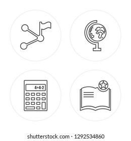 4 line Halfway, Small calculator, School globe, Favorite Book modern icons on round shapes, Halfway, Small calculator, School globe, Favorite Book vector illustration, trendy linear icon set.