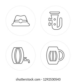 4 line Hat, Barrel, Tuba, Pint of beer modern icons on round shapes, Hat, Barrel, Tuba, Pint of beer vector illustration, trendy linear icon set.
