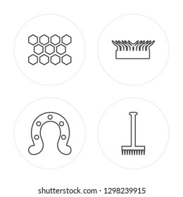 4 line Honeycomb, Horseshoe, Grass, Rake modern icons on round shapes, Honeycomb, Horseshoe, Grass, Rake vector illustration, trendy linear icon set.