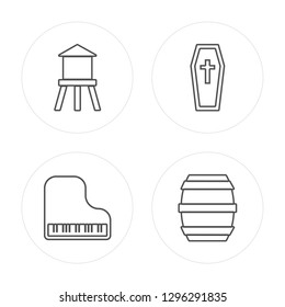 4 line Horseshoe, Piano, Coffin, Barrel modern icons on round shapes, Horseshoe, Piano, Coffin, Barrel vector illustration, trendy linear icon set.