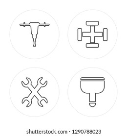 4 line Jackhammer, Wrench, Pipe, Paint brush modern icons on round shapes, Jackhammer, Wrench, Pipe, Paint brush vector illustration, trendy linear icon set.
