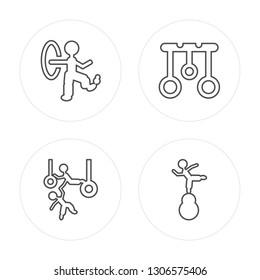 4 line Juggler man, Trapeze artists man, Aerial Ring, Acrobat modern icons on round shapes, Juggler man, Trapeze artists man, Aerial Ring,vector illustration, trendy linear icon set.