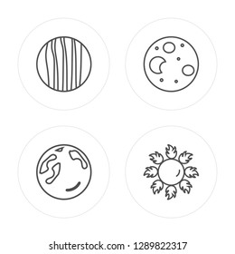 4 line Jupiter, Planet earth, Moon, Sun modern icons on round shapes, Jupiter, Planet earth, Moon, Sun vector illustration, trendy linear icon set.