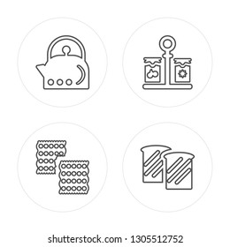 4 line Kettle, Biscuit, Scales, Toast modern icons on round shapes, Kettle, Biscuit, Scales, Toast vector illustration, trendy linear icon set.