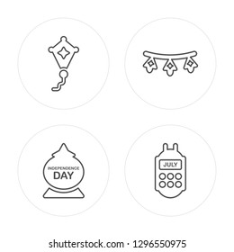 4 line Kite, Independence day, Garlands, Calendar modern icons on round shapes, Kite, Independence day, Garlands, Calendar vector illustration, trendy linear icon set.