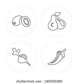 4 line Kiwi, Radish, Avocado, Chili modern icons on round shapes, Kiwi, Radish, Avocado, Chili vector illustration, trendy linear icon set.