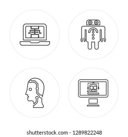 4 line Laptop, Artificial intelligence, Robot, Assistant modern icons on round shapes, Laptop, Artificial intelligence, Robot, Assistant vector illustration, trendy linear icon set.