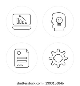 4 line Laptop, Contract, Idea, Settings modern icons on round shapes, Laptop, Contract, Idea, Settings vector illustration, trendy linear icon set.