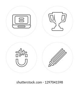 4 line Laptop, Magnet, Trophy, Pencil modern icons on round shapes, Laptop, Magnet, Trophy, Pencil vector illustration, trendy linear icon set.
