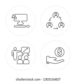 4 line Laptop, Presentation, Networking, Coin modern icons on round shapes, Laptop, Presentation, Networking, Coin vector illustration, trendy linear icon set.