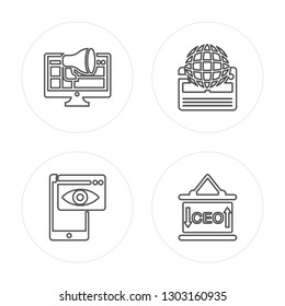 4 line Laptop, Smartphone, Worldwide, Presentation modern icons on round shapes, Laptop, Smartphone, Worldwide, Presentation vector illustration, trendy linear icon set.
