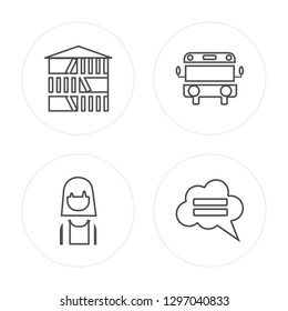4 line Library, Graduate, School bus, Speech bubble modern icons on round shapes, Library, Graduate, School bus, Speech bubble vector illustration, trendy linear icon set.