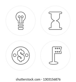 4 line Light bulb, Dollar, Hourglass, Flag modern icons on round shapes, Light bulb, Dollar, Hourglass, Flag vector illustration, trendy linear icon set.