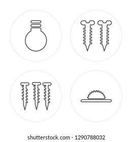 4 line Light bulb, Screws, Screw, Saw modern icons on round shapes, Light bulb, Screws, Screw, Saw vector illustration, trendy linear icon set.