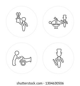 4 line Magician man, Circus canon man, Magician man modern icons on round shapes,Magician man vector illustration, trendy linear icon set.