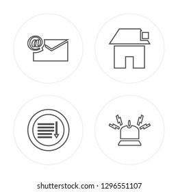 4 line Mail, Sort down, House, Bell modern icons on round shapes, Mail, Sort down, House, Bell vector illustration, trendy linear icon set.