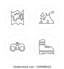 4 line Map, Binoculars, Tent, Boot modern icons on round shapes, Map, Binoculars, Tent, Boot vector illustration, trendy linear icon set.