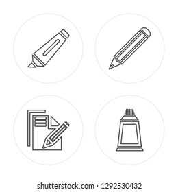 4 line Marker, Paper and Pencil, Pencil, Paint Tube modern icons on round shapes, Marker, Paper and Pencil, Pencil, Paint Tube vector illustration, trendy linear icon set.