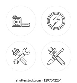 4 line Measuring tape, Wrench, Electricity, Screwdriver modern icons on round shapes, Measuring tape, Wrench, Electricity, Screwdriver vector illustration, trendy linear icon set.