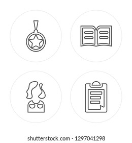 4 line Medal, Teacher, Reading, Clipboard modern icons on round shapes, Medal, Teacher, Reading, Clipboard vector illustration, trendy linear icon set.