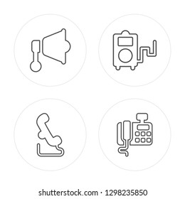 4 line Megaphone, Phone Receiver, Portable Music Player modern icons on round shapes, Megaphone, Phone Receiver, Portable Music Player, Telephone vector illustration, trendy linear icon set.