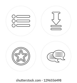 4 line Menu Bars, Star Point, Download Arrow with Bar modern icons on round shapes, Menu Bars, Star Point, Download Arrow with Bar, Message Bubble vector illustration, trendy linear icon set.