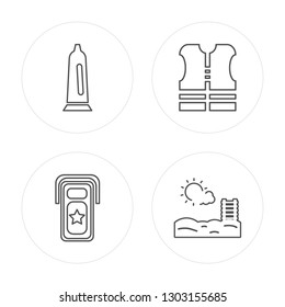 4 line Message in a bottle, Portable fridge, Life jacket modern icons on round shapes, Message in a bottle, Portable fridge, Life jacket, Swimming pool vector illustration, trendy linear icon set.