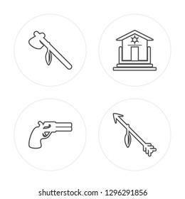 4 line Mill, Tomahawk, Salon, Sheriff modern icons on round shapes, Mill, Tomahawk, Salon, Sheriff vector illustration, trendy linear icon set.