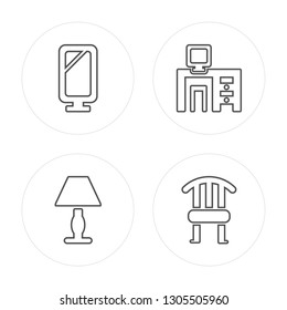 4 line Mirror, Lamp, Computer, Chair modern icons on round shapes, Mirror, Lamp, Computer, Chair vector illustration, trendy linear icon set.
