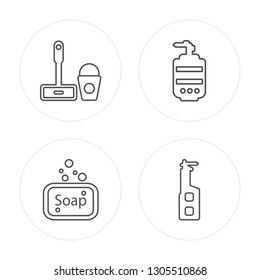4 line Mop cleanin, Sponge cleanin, Soap cleanin, Cleaner modern icons on round shapes,Cleaner vector illustration, trendy linear icon set.