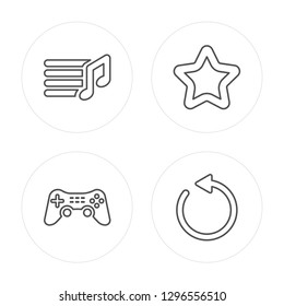 4 line Music Menu, Game Controller Cross modern icons on round shapes, Music Menu, Game Controller Cross, vector illustration, trendy linear icon set.