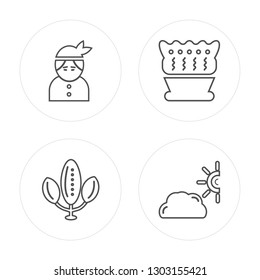 4 line Native american, Tree, Pie, Cloudy modern icons on round shapes, Native american, Tree, Pie, Cloudy vector illustration, trendy linear icon set.