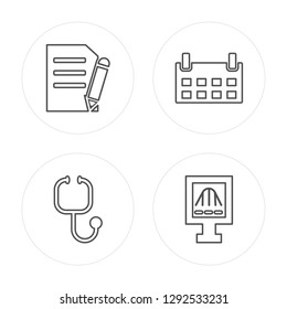 4 line New Document, cardiology tool, Monthly calendar modern icons on round shapes, New Document, cardiology tool, Monthly calendar, Gaussian function vector illustration, trendy linear icon set.