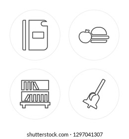 4 line Notebook, Bookshelf, Lunch, Bell modern icons on round shapes, Notebook, Bookshelf, Lunch, Bell vector illustration, trendy linear icon set.