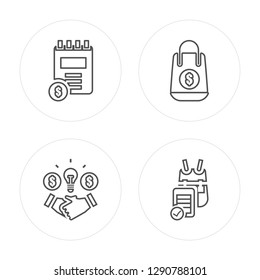 4 line Notebook, Deal, Shopping bag, Contract modern icons on round shapes, Notebook, Deal, Shopping bag, Contract vector illustration, trendy linear icon set.