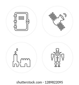 4 line Notebook, Industrial building, Satellite modern icons on round shapes, Notebook, Industrial building, Satellite, Military robot machine vector illustration, trendy linear icon set.