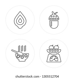 4 line Onion, Soup, Nut, Scale modern icons on round shapes, Onion, Soup, Nut, Scale vector illustration, trendy linear icon set.