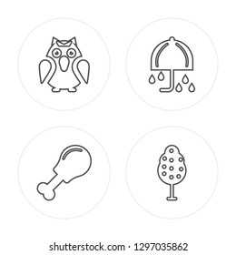 4 line Owl, Chicken leg, Umbrella, Leaf modern icons on round shapes, Owl, Chicken leg, Umbrella, Leaf vector illustration, trendy linear icon set.
