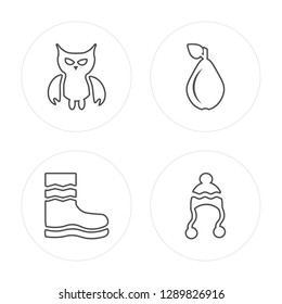 4 line Owl, Rain boots, Pear, Winter hat modern icons on round shapes, Owl, Rain boots, Pear, Winter hat vector illustration, trendy linear icon set.