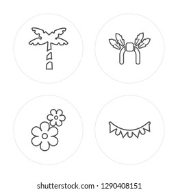 4 line Palm tree, Flower, Headdress, Garlands modern icons on round shapes, Palm tree, Flower, Headdress, Garlands vector illustration, trendy linear icon set.