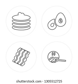 4 line Pancakes, Bacon, Avocado, Sausage modern icons on round shapes, Pancakes, Bacon, Avocado, Sausage vector illustration, trendy linear icon set.