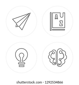 4 line Paper plane, Light bulb, Dictionary, Brain modern icons on round shapes, Paper plane, Light bulb, Dictionary, Brain vector illustration, trendy linear icon set.