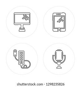 4 line Personal Computer, Game controller, Smartphone, Microphone modern icons on round shapes, Personal Computer, Game controller, Smartphone, Microphone vector illustration, trendy linear icon set.