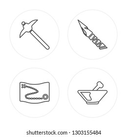 4 line Pick, Treasure map, Knife, Plate modern icons on round shapes, Pick, Treasure map, Knife, Plate vector illustration, trendy linear icon set.