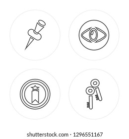 4 line Pin, Bookmark, Eye, Key modern icons on round shapes, Pin, Bookmark, Eye, Key vector illustration, trendy linear icon set.