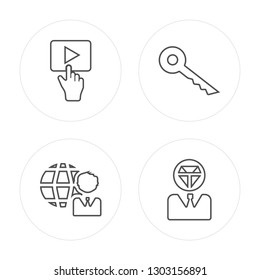 4 line Play button, Worldwide, Key, Diamond modern icons on round shapes, Play button, Worldwide, Key, Diamond vector illustration, trendy linear icon set.