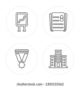 4 line Presentation, Medal, Resume, Building modern icons on round shapes, Presentation, Medal, Resume, Building vector illustration, trendy linear icon set.