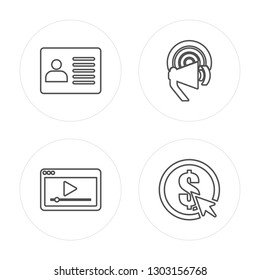 4 line Profile, Video player, Target, Pay per click modern icons on round shapes, Profile, Video player, Target, Pay per click vector illustration, trendy linear icon set.