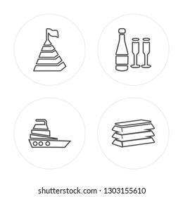 4 line Pyramid, Yatch, Champagne, Gold modern icons on round shapes, Pyramid, Yatch, Champagne, Gold vector illustration, trendy linear icon set.